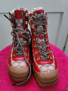 Coach Red and Brown Lace-Up High-Top Women's Boots